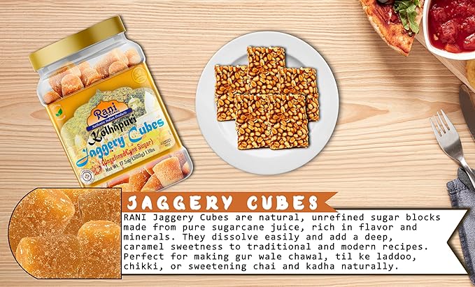 Rani Kolhapuri Jaggery Cubes (Unrefined Cane Sugar) 17.5oz (1.1lbs) 500g PET Jar ~ All Natural, No Color added, Gluten Friendly | Vegan | NON-GMO | Kosher | No Salt or fillers