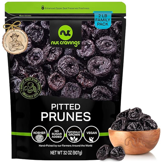 NUT CRAVINGS - Dried Prunes Pitted Unsweetened, Dry Plums No Sugar Added, Unsulphured (32oz, 2 LB) Bulk Dry Fruits Packed Fresh in Resealable Bag - Sweet Healthy Snack, Naturally Grown, Vegan, Kosher