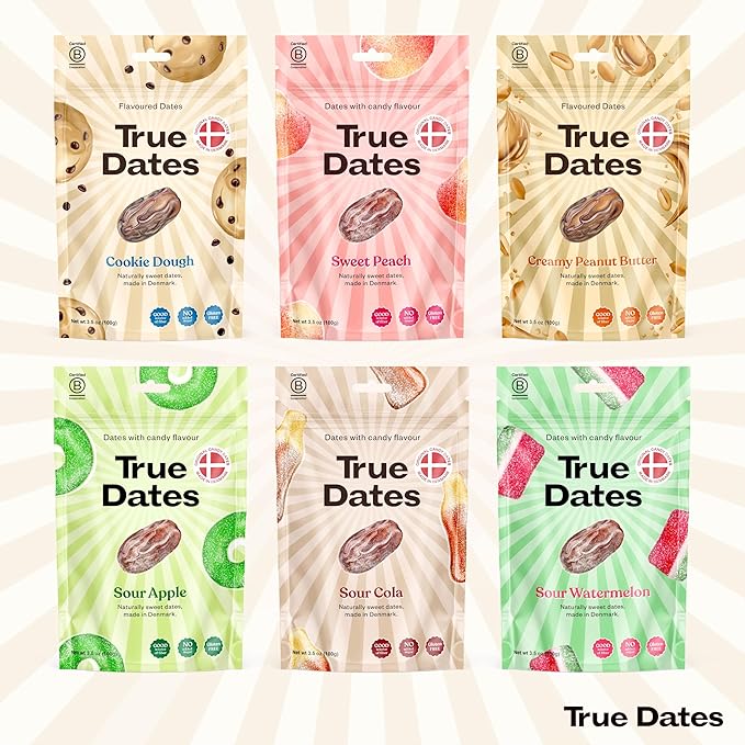 Candy Dates, Variety, 6-3.5 Ounce Bags (Creamy Peanut Butter, Cookie Dough, Sour Apple, Sour Cola, Sour Watermelon, Sweet Peach) - Dates With Candy Flavor, Vegan, No Added Sugar, Gluten Free