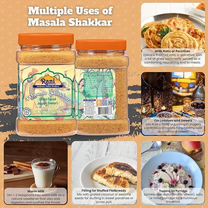 Rani Masala Shakkar (Indian Spiced Jaggery Powder) Unrefined Raw Cane Sugar 17.5oz (1.1lbs) 500g PET Jar ~ Gluten Friendly | Vegan | NON-GMO | Kosher | No Salt or fillers | Indian Product