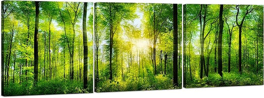 Forest Wall Art Decor - Large Canvas Art 24x72 - 3 Panel Green Nature Print - Forest Picture of Trees Wall Art - Landscape Nature Canvas Wall Art for Living Room, Bedroom & Office