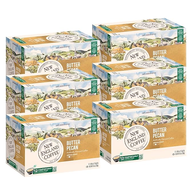 New England Coffee Butter Pecan Medium Roast Single Serve Pods, 12ct Box (Pack of 6)
