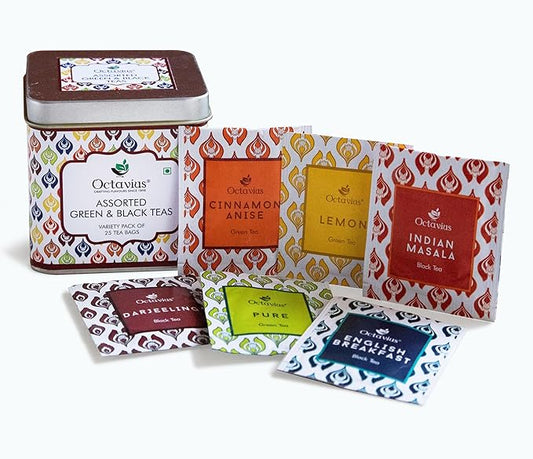 Octavius Tea Variety Pack ??25 Teabags | 6 Assorted Black & Green Teas | Premium Tea Sampler Box | Refreshing & Aromatic | Pack of 1