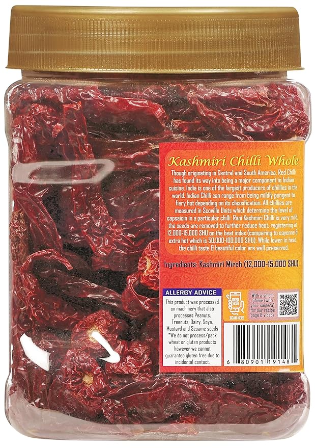 Rani Kashmiri Chilli Whole (Deggi Mirch, Low Heat) 5oz (141g) PET Jar ~ Natural | Salt-Free | Vegan | No Colors | Gluten Friendly | NON-GMO | Kosher | Indian Origin