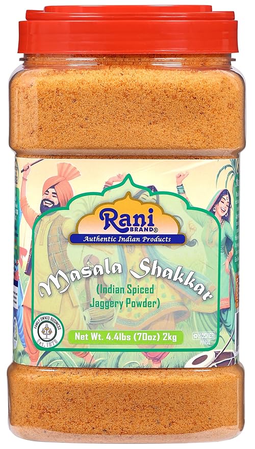Rani Masala Shakkar (Indian Spiced Jaggery Powder) Unrefined Raw Cane Sugar 70oz (4.4lbs) 2kg PET Jar ~ Gluten Friendly | Vegan | NON-GMO | Kosher | No Salt or fillers | Indian Product