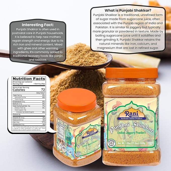 Rani Punjabi Shakkar (Gur Jaggery Powder) Indian Unrefined Raw Cane Sugar 17.5oz (1.1lbs) 500g PET Jar ~ Gluten Friendly | Vegan | NON-GMO | Kosher | No Salt or fillers | Indian Product