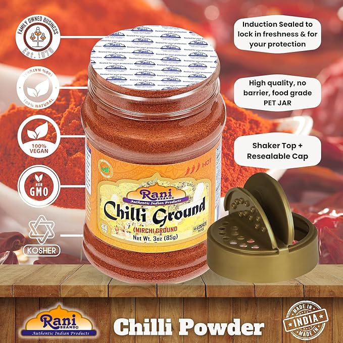 Rani Chilli Powder (Mirchi) Ground Indian Spice 3oz (85g) PET Jar ~ All Natural | Salt-Free | Vegan | No Colors | Gluten Friendly | NON-GMO | Kosher | Indian Origin