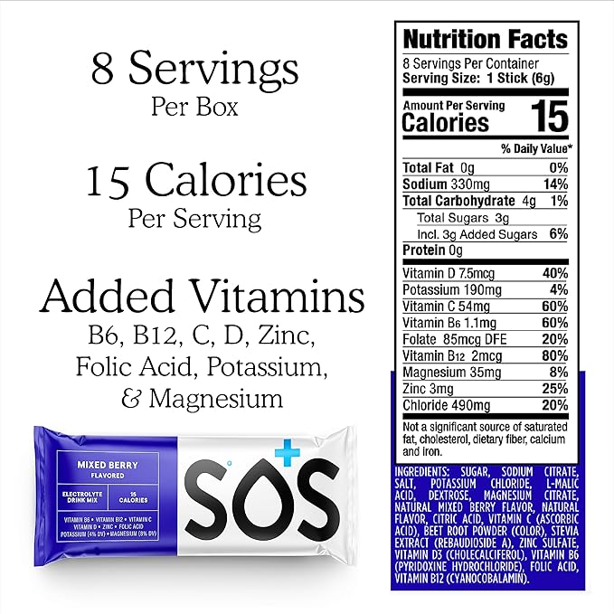 SOS Hydration Electrolyte Powder 8 Stick Packs ??Low-Calorie, Rapid Rehydration, Made in USA, Keto (8 Servings, Mixed Berry)