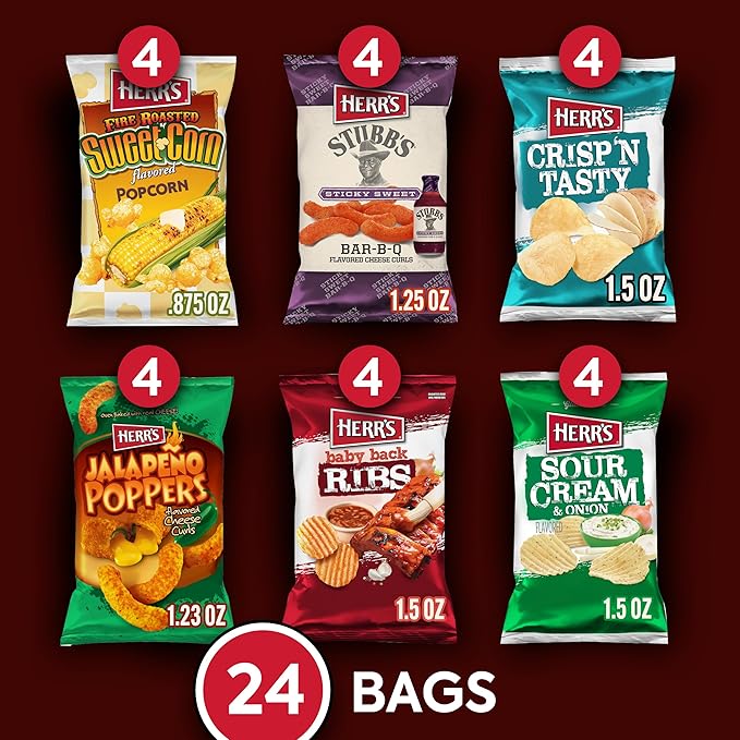 Herr's Variety Pack, Assorted Snacks, 0.625??.5 Ounce (Pack of 24 Bags) ??A Delicious Mix of Chips, Pretzels, and Cheese Snacks ??Great for Family Snacking and Lunchboxes