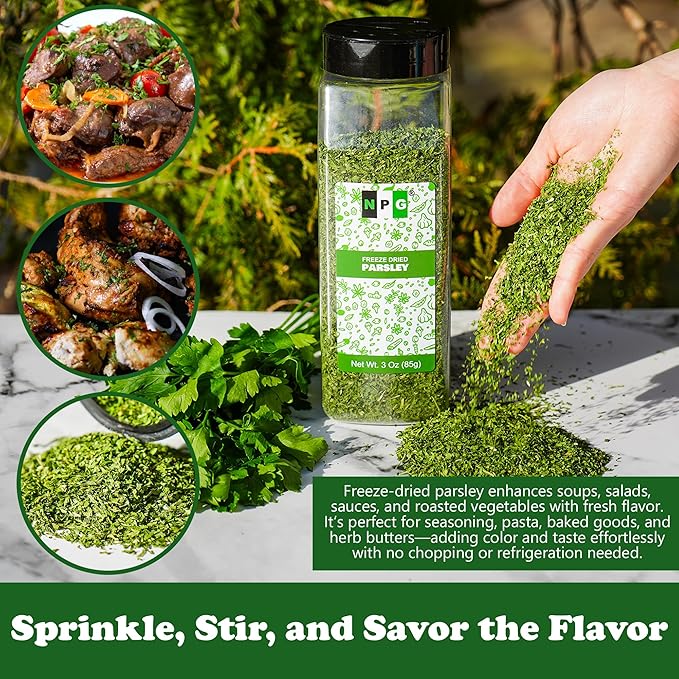 NPG Freeze-Dried Parsley Flakes 3 Oz, Dehydrated Chopped Parsley for Cooking, Soups, Pasta, and Garnish, Aromatic Herb Seasoning, Non-GMO, Gluten-Free, Green Leafy Curly Herb