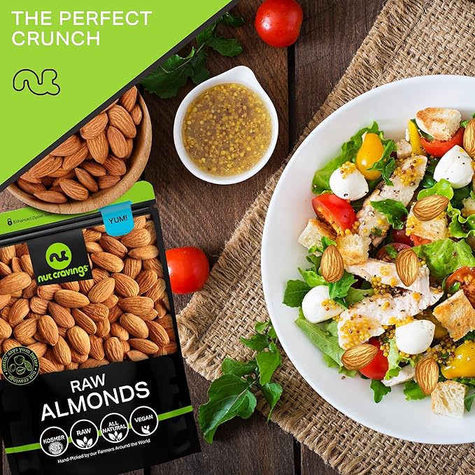 NUT CRAVINGS - Raw Whole Almonds, Unsalted, Shelled, (32oz - 2 LB) Bulk Nuts Packed Fresh in Resealable Bag - Kosher Healthy Snack, Food Assortments Ideal for Trail Mixed Nuts