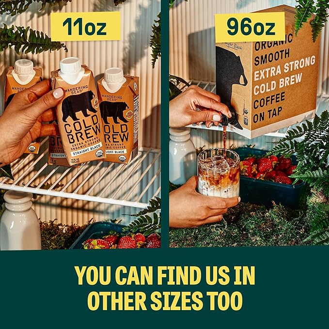 Wandering Bear Straight Black Organic Cold Brew Coffee, 32 fl oz, 6 pack - Extra Strong, Bold, Smooth, Unsweetened, Shelf-Stable, Ready to Drink, 100% Organic, Iced Cold Brewed Coffee Drinks