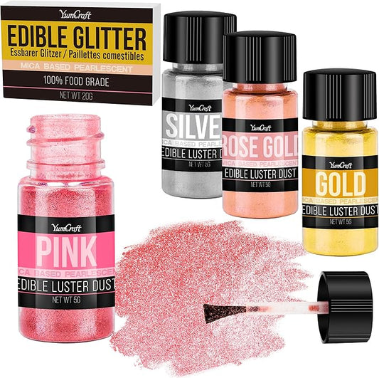 Edible Glitter Set, 4 Colors Luster Dust Edible Powder for Cake Decorating, Food Grade Vegan Edible Glitter for Drinks, Cocktails, Shimmer Metallic Food Coloring Powder for Chocolate(5g/Bottle)