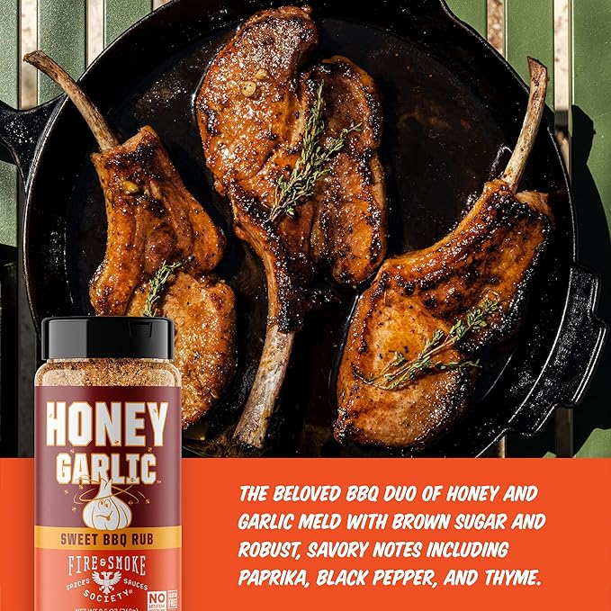 Fire & Smoke Society Honey Garlic BBQ Rub | Seasonings for Smoking and Grilling | Pulled Pork Ribs Chicken, Burgers, Dry Rubs and Spices | Honey Garlic, Brown | Large (2-Pack)