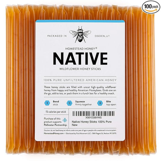 Homestead Honey Native Sticks 100 Count - Pure Wildflower - Individual Packets - Unfiltered Snack for Kids, Hiking, and Tea - Natural, No Additives - 8.25x6x1.25 inches