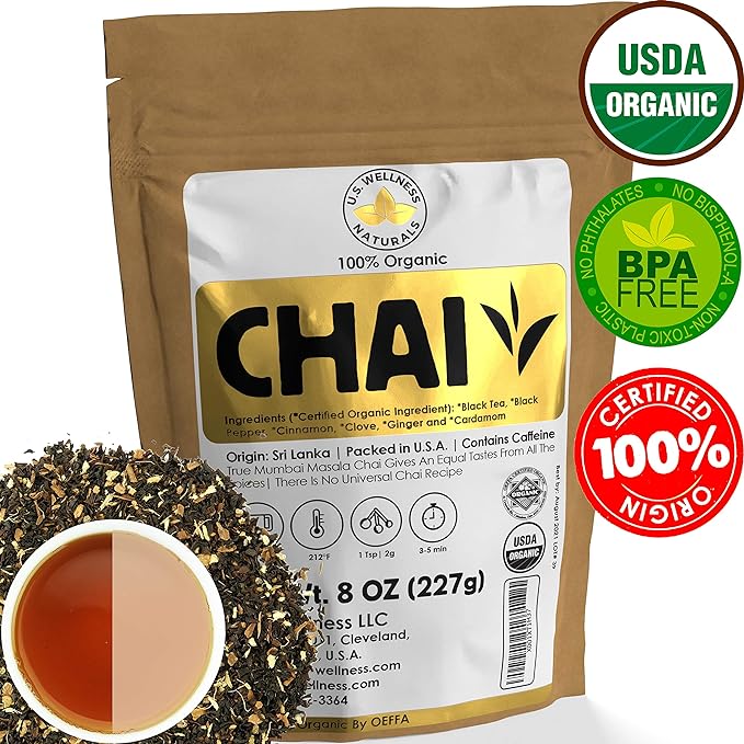 Classic Chai Tea Loose Leaf | CEYLON (110+ Cups) | 100% CERTIFIED ORGANIC Chai Ingredients| Black Tea, Cinnamon, Cardamom, Cloves & Black Pepper | Brews Chai Latte | Ancient Indian House Recipe | 8oz