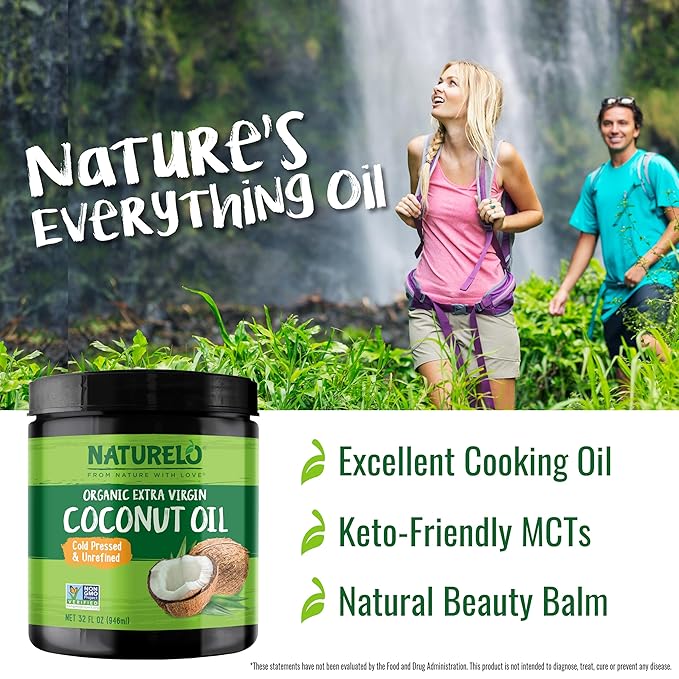 NATURELO Coconut Oil - Multi-Purpose Extra Virgin Coconut Oil for Skin, Organic Oil for Cooking, Unrefined Oil for Hair 32 oz (Pack of 2)