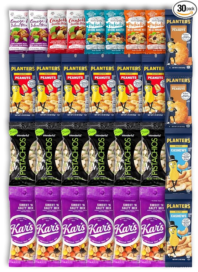 Niro Gift Basket Assortment | Individual Nuts Snack Packs, Trail Mix Individual Packs Bulk - 30 Packs Mix Nuts Kit - Salted Cashews, Roasted & Unsalted Almonds