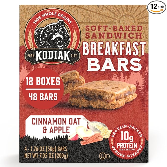 Kodiak Cakes Soft Baked Sandwich Breakfast Bar, Cinnamon Oat & Apple, High Protein, 100% Whole Grains, 12 boxes with 4 bars each (48 bars total)