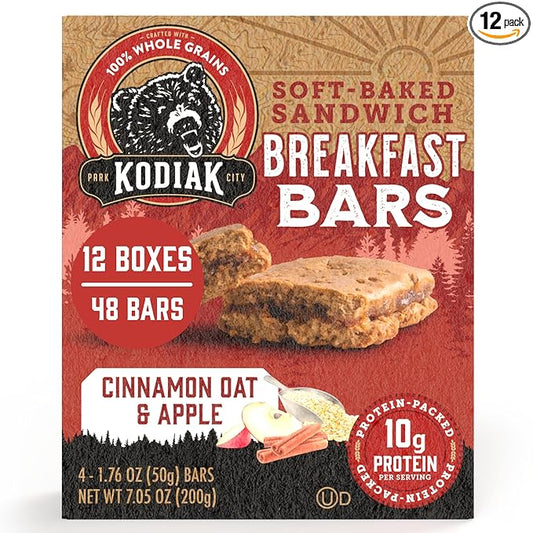 Kodiak Cakes Soft Baked Sandwich Breakfast Bar, Cinnamon Oat & Apple, High Protein, 100% Whole Grains, 12 boxes with 4 bars each (48 bars total)