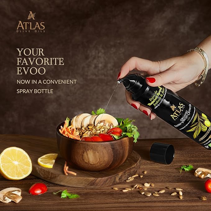 Cooking Oil by Atlas, Extra Virgin Olive Oil Spray, Dual Function Spray and Stream, 5.4 fl oz, 6 Pack Non Stick, Polyphenol Rich Moroccan EVOO, Cold Pressed, Hydroxytyrosol Keto