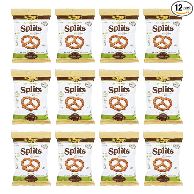 Unique Snacks Multi-Grain Splits Pretzel, Delicious Homestyle Baked Snack Bags, Vegan, OU Kosher, and Non-GMO Food, No Artificial Flavor, 2.12 Oz. Bag, Pack of 12