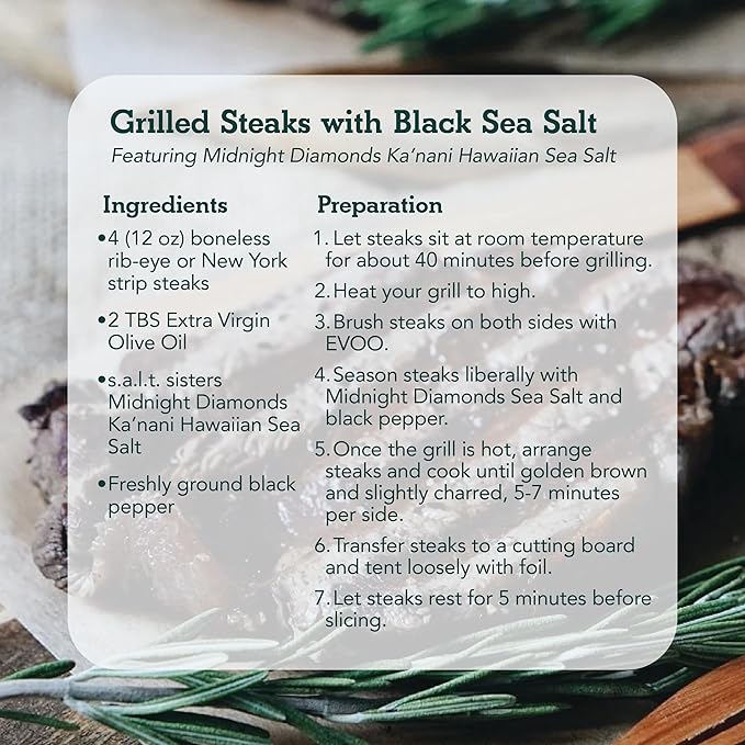 s.a.l.t. sisters Midnight Diamonds Ka'nani Hawaiian Sea Salt | All-Natural, Gluten Free, MSG Free, Non-GMO | Dissolvable Coconut Shell Charcoal Infused Fine Salt for Meat, Fish, Vegetables | 1lb