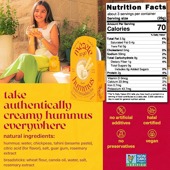 Mezete Traditional Hummus Dip with Breadsticks | Preservative-Free | All-Natural | On the Go Tahini Rich Vegan Dip | Shelf-Stable | On-the-Go Snack Pack | 81g (Pack of 6)