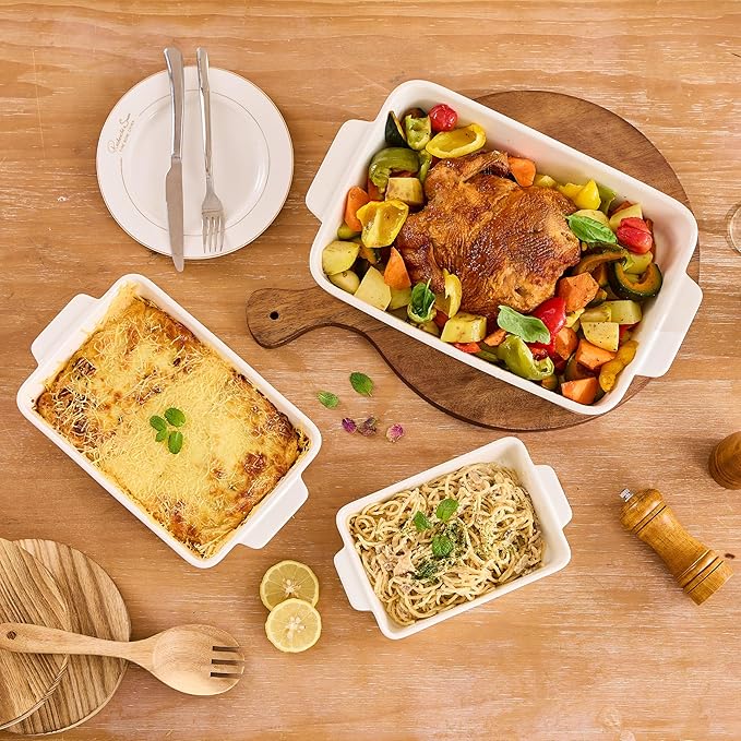 Ceramic Bakeware Set, 13"/10"/7.6" Rectangular Porcelain Baking Dishes for Kitchen, Lasagna Pans with Handle for Cooking, Baking Pan Deep Casserole Dishes for Baking, Set of 3 White