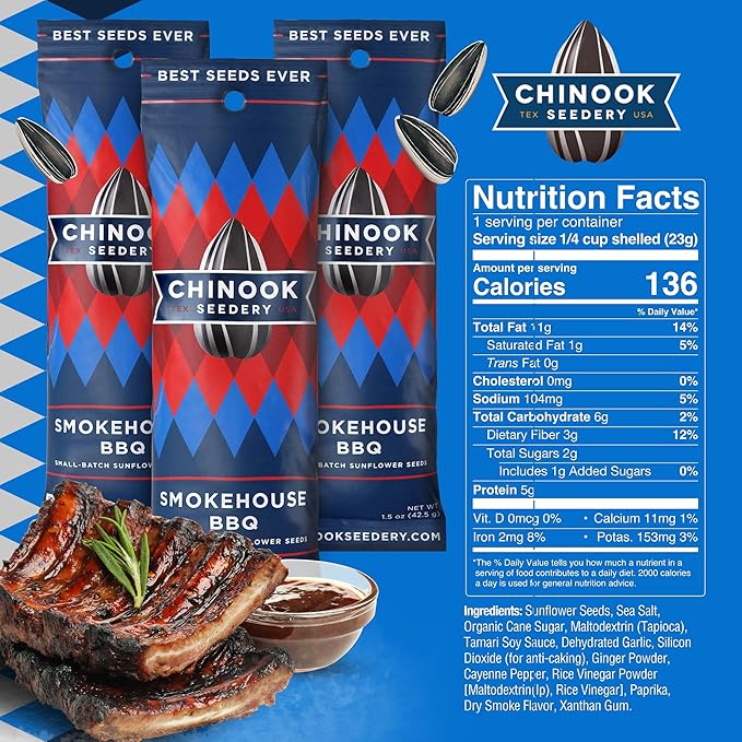Chinook Seedery Roasted Sunflower Seeds to Eat - 1.5 oz (Pack of 36) Smokehouse BBQ - Jumbo Low Sodium Sunflower Seeds Keto Snacks - Adventure, Baseball, School Snacks - Gluten Free, Non GMO Snacks