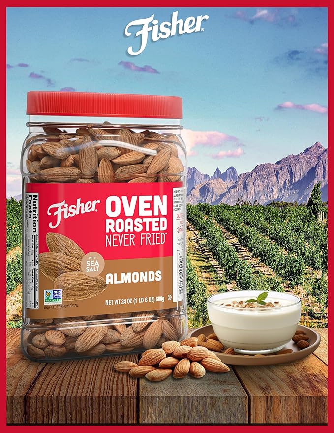Fisher Oven Roasted Never Fried Almonds, 24 Ounces (Pack of 1), Heart Healthy Snacks for Adults, Made with Sea Salt, No Added Oil, Artificial Ingredients or Preservatives, Gluten Free, Vegan Protein