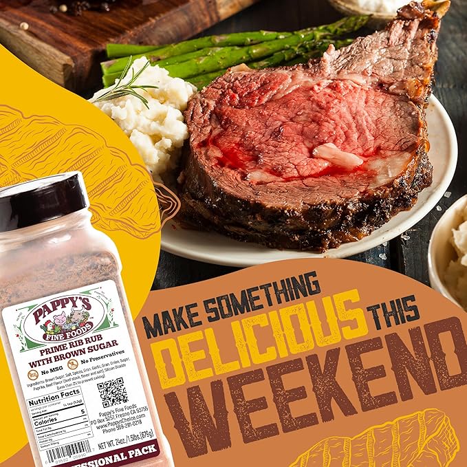 New Pappy's Prime Rib Rub With Brown Sugar. Perfect for bbq and smoked brisket, steak, beef, chicken, fajita, seafood, veggies, rotisserie, fried, roast pulled and slow cooked meats and more - A NEW twist on a 30+ year seasoning recipe.