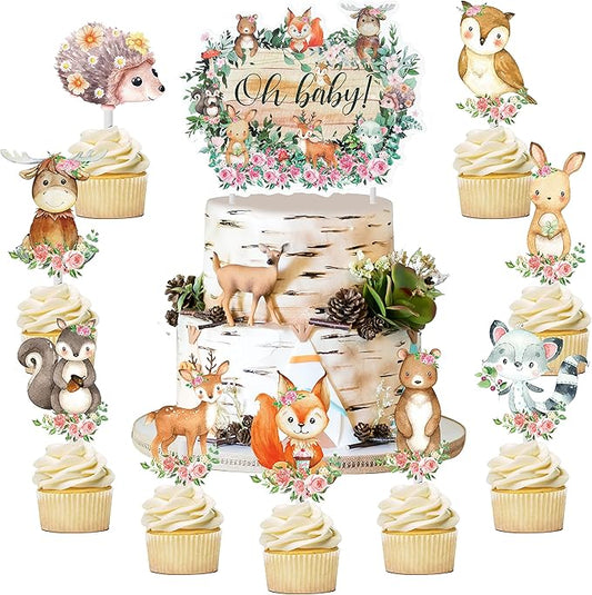 25pcs Woodland Animal Cupcake Toppers - Baby Shower Decorations for Woodland Party Supplies