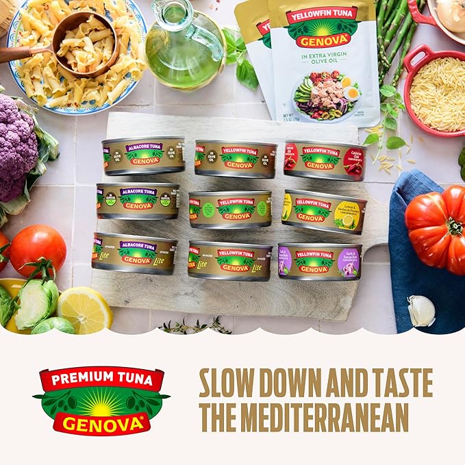 Genova Premium Yellowfin Tune in Calabrian Chili Infused Olive Oil, 5 Ounce Cans, 12-Pack – Nutrient Rich, High Protein Canned Tuna Fish - Delicious, Easy, Nutritious Ready to Eat Meals