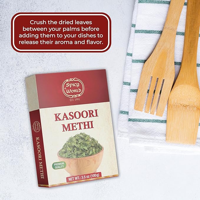 Spicy World Dried Fenugreek Leaves (Kasoori Methi) 3.5oz Box (100g) - All Natural | Vegan | Gluten Friendly | NON-GMO | Indian