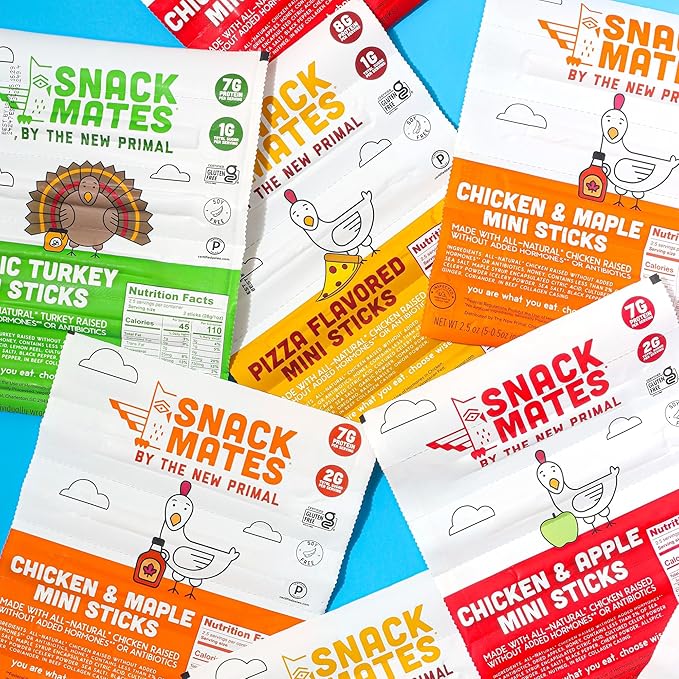 New Primal Snack Mates Chicken & Apple Sticks, Gluten Free Healthy Snacks for Kids, Low Sugar High Protein Back to School Snacks, Mini Paleo Jerky Meat Stick, 7g Protein, 60 Calories, 40 Pack