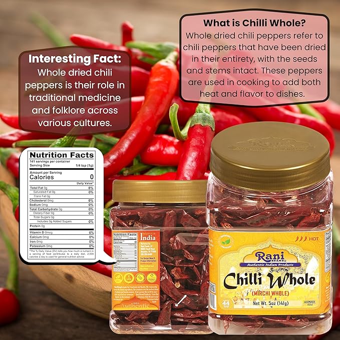 Rani Chilli Whole (Lal Mirch Sabut) 5oz (141g) PET Jar ~ All Natural, Salt-Free | Vegan | No Colors | Gluten Friendly | NON-GMO | Kosher | Indian Origin