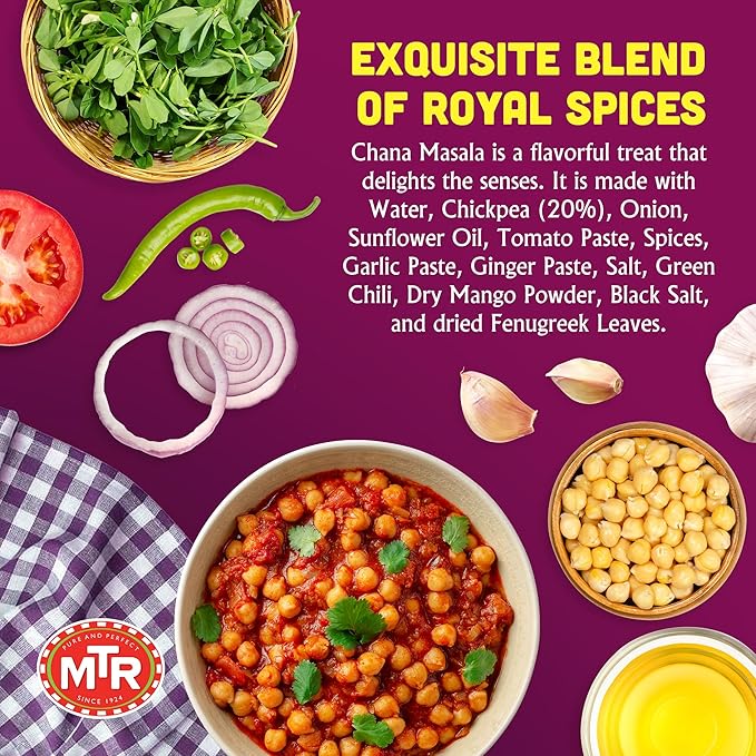 MTR - Minute Meals: Chana Masala - Savory Chickpeas in Spiced Gravy - Authentic Indian Ready-to-Eat Meal - No Added Preservatives - A Quick Meal Suitable for Vegetarians, Ready in Minutes! (Pack of 6)