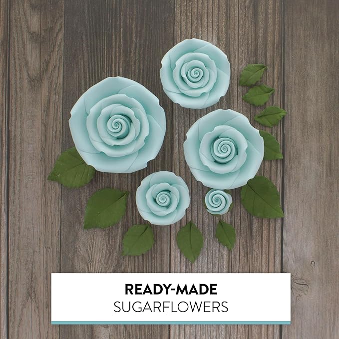 Global Sugar Art Exquisite Rose & Leaf Tray Sugar Cake Flowers, Blue Unwired, 5 Count by Chef Alan Tetreault