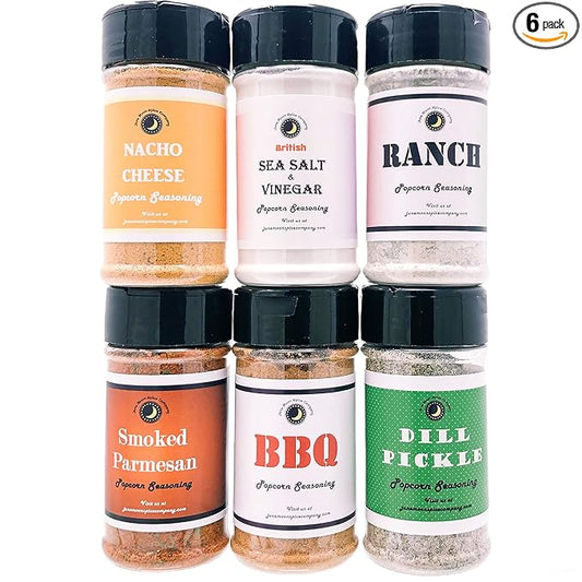 Premium | Popcorn Seasoning Collection | Savory Variety 6 Pack | Dill Pickle | BBQ | Nacho Cheese | Smoked Parmesan | Ranch | Sea Salt & Vinegar | Gift Box Included | Transform Your Snacking Experience!