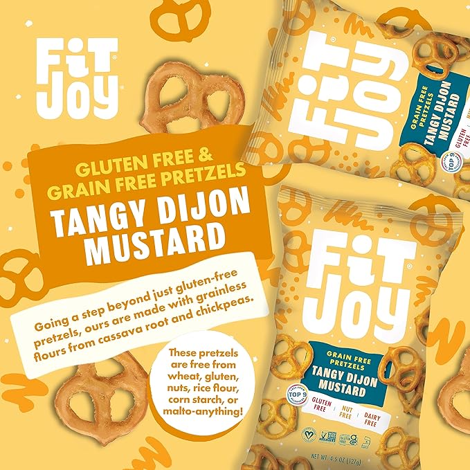FitJoy Tangy Dijon Mustard Pretzels (Pack of 6, 4.5 Oz) - Dairy, Nut & Gluten Free Snacks - Grain Free Cassava Root & Chickpea Flour Vegan Pretzel Twists - Tangy Snack Pretzels for Children & More