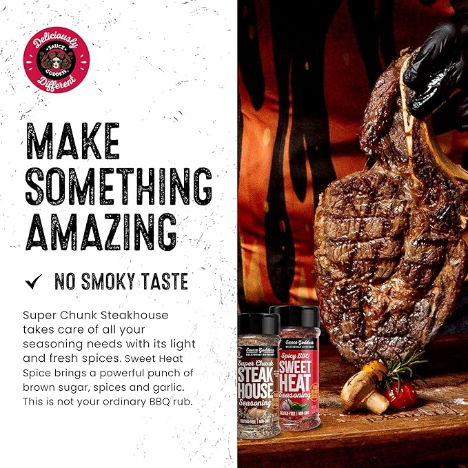 Sauce Goddess - Spicy BBQ Sweet Heat & Super Chunk Steakhouse Shaker Duo - Premium Spices, No MSG, No Additives - Meat & Veggies Seasoning 2-Pack