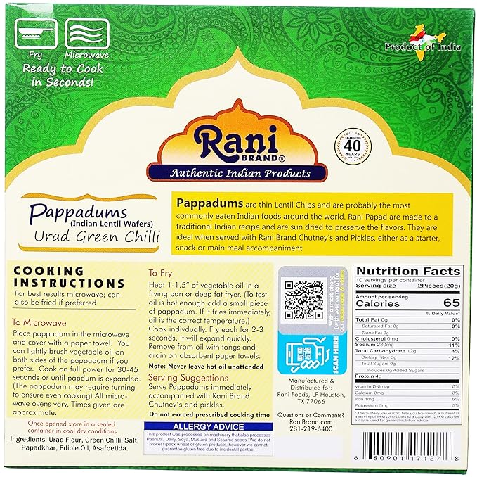 Rani Pappadums (Indian Lentil Wafer Snack) Green Chilli Papad 7oz (200g) Approximately 15pc, 7 inches ~ All Natural | Gluten Friendly | NON-GMO | Vegan | Indian Origin