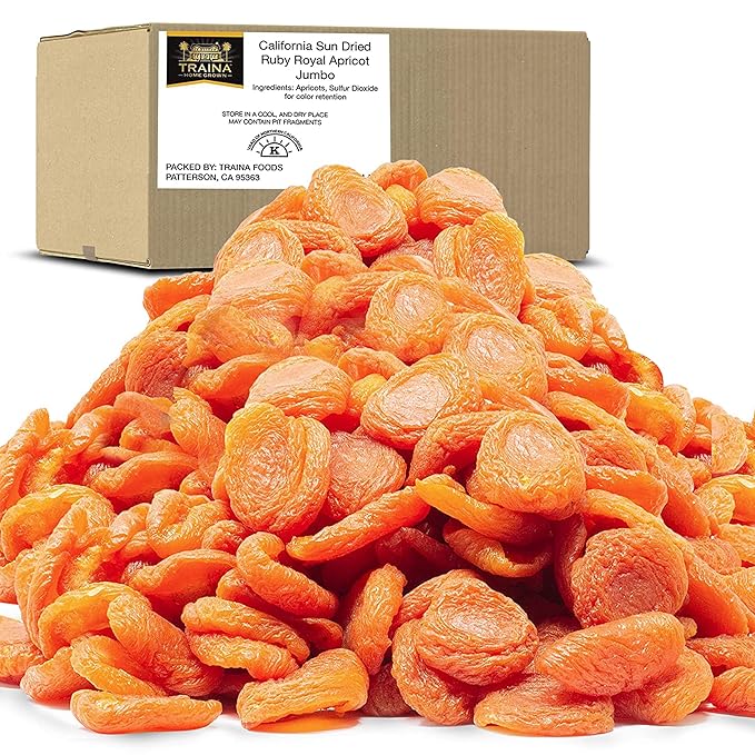 Traina Home Grown California Sun Dried Jumbo Ruby Royal Apricot Halves - SEASONAL/LIMITED - Healthy, No Sugar Added, Non GMO, Gluten Free, Kosher Certified, Vegan, Value Size (5 lbs)