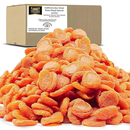 Traina Home Grown California Sun Dried Jumbo Ruby Royal Apricot Halves - SEASONAL/LIMITED - Healthy, No Sugar Added, Non GMO, Gluten Free, Kosher Certified, Vegan, Value Size (5 lbs)