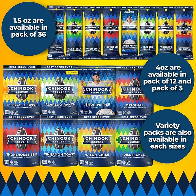 Chinook Seedery Roasted Sunflower Seeds to Eat -1.5 oz (Pack of 36) Parmesan & Pepper - Jumbo Low Sodium Sunflower Seeds Keto Snacks - Adventure, Baseball, School Snacks - Gluten Free, Non GMO Snacks