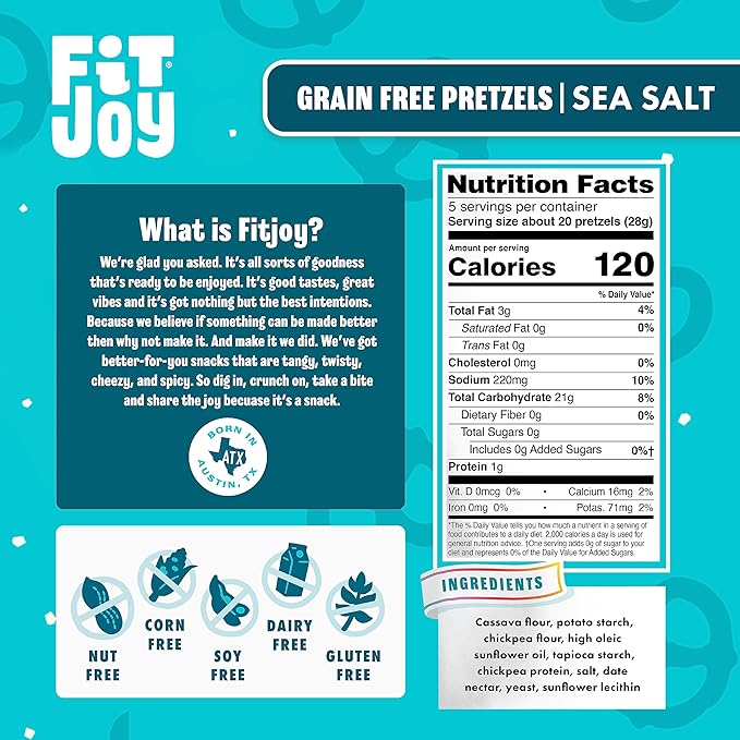 FitJoy Sea Salt Pretzels (Pack of 6, 5 Oz) - Dairy, Nut & Gluten Free Snacks - Grain Free Cassava Root & Chickpea Flour Vegan Pretzel Twists - Classic Snack Pretzels for Moms, Children and More