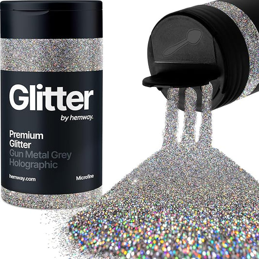 Hemway Premium Glitter Shaker - Gun Metal Grey Holographic | 125g Microfine Metallic Flake Sequins for Resin & Epoxy Crafts | Craft Supplies for Tumblers, Festival, Art