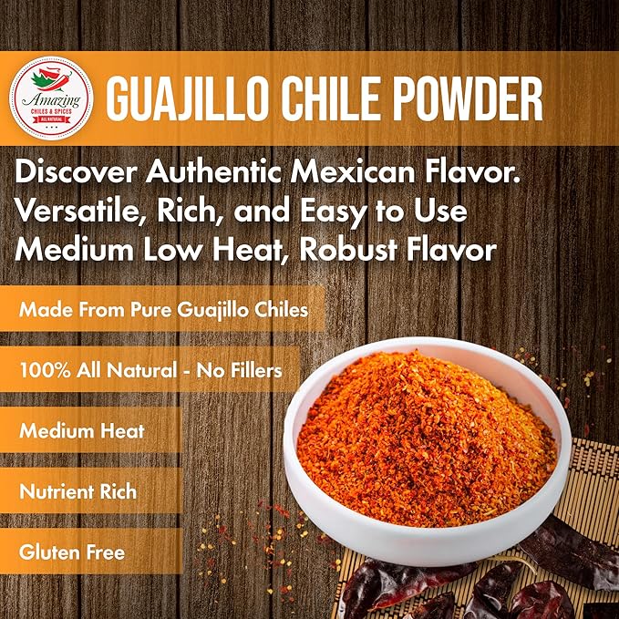 Guajillo Chile Powder Ground 1LB (16oz) – Natural and Premium. Great For Chili, Sauces, Stews, Salsa, Meat Rubs, Enchiladas, Mole and Tamales. Tangy Spicy-Sweet Flavor By Amazing Chiles & Spices