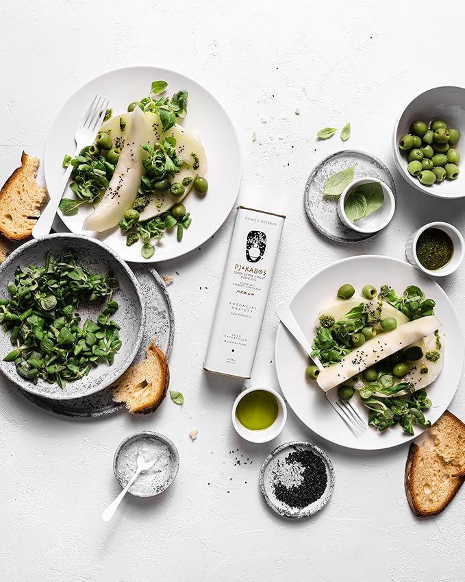 P.J. KABOS 2024/25 Harvest, High Phenolic (450+mg/kg), Natural Greek Extra Virgin Olive Oil, Kosher, Greece, Cold Extracted, 16.9 oz Tin, Koroneiki, "Family Reserve -Medium" (12-Pack)